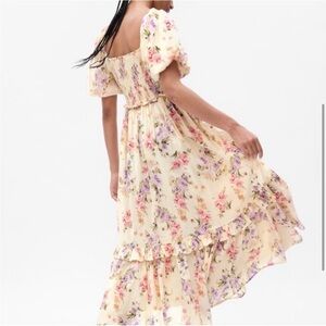 LoveShackFancy Cream Floral Puff-Sleeve Maxi Dress with Pink & Lavender Flowers